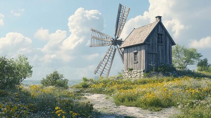 A wooden windmill stands on a grassy hill with a path leading to it.  The windmill has four wooden blades and is surrounded by wildflowers.  A blue sky with white clouds is in the background.