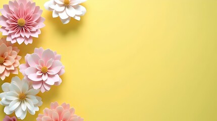 White and pink spring flowers on yellow background, wallpaper, background 