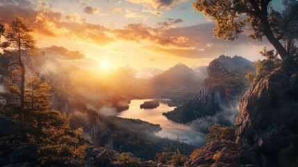 Fototapeta premium Mountain Lake Sunset with Misty Peaks