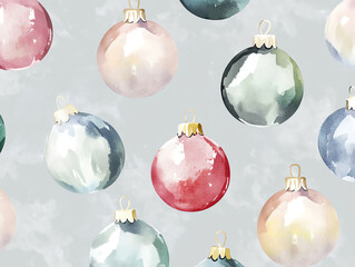 Simple watercolor Christmas baubles, hand-painted in pastel tones, floating on a soft gray background, seamless repeat