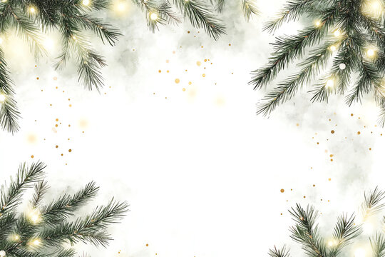 Simple watercolor Christmas tree branches with soft lights, muted green and yellow, floating on a white background, seamless repeat