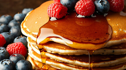 Delicious Pancakes with Syrup and Berries, maple syrup, blueberries, raspberries, breakfast, brunch