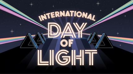 Naklejka premium International Day of Light Neon Sign with Rainbow and Stars