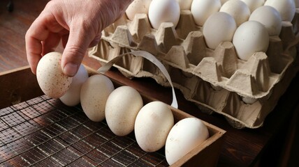 Hand holding spotted beige and white turkey or chicken egg against background of cardboard trays or pallets with eggs standing on natural wooden brown and red wooden table
