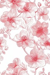 pink floral chinoiserie line drawing