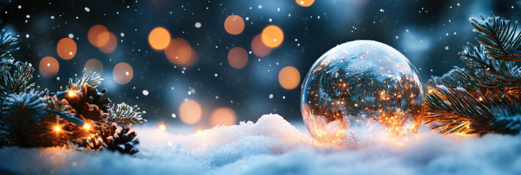 Empty glass Christmas ball stands in fluffy snow next to fir trees and golden lights of garland against the backdrop of twilight. Christmas magical snow globe. - Powered by Adobe