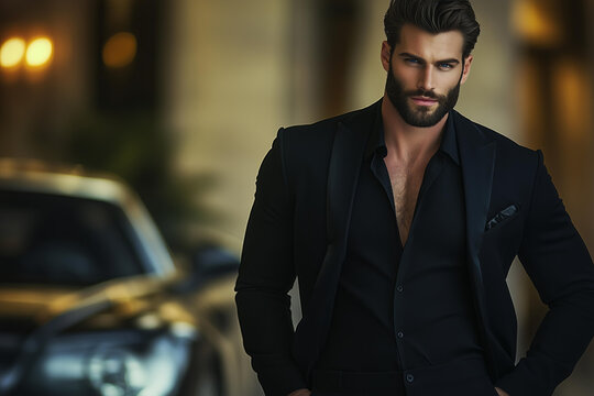 handsome young attractive fictional brunette blue eyed man character from dark romance book, possessive hero in a black suit, leaning against a blurred car with his hands in pockets , wearing black 
