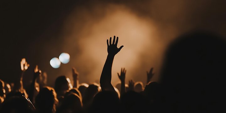 An engaging shot showcasing the dynamic energy of a music festival, with a diverse crowd of concertgoers illuminated by colorful stage lights