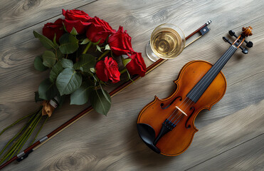 Fototapeta premium A romantic evening with roses, a violin, and a glass of white wine on a wooden table