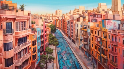 Fototapeta premium Vibrant Cityscape with Colorful Buildings and a Street Lined with Trees