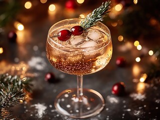 A sparkling cocktail garnished with cranberries and herbs, set against a backdrop of festive lights and decorations.