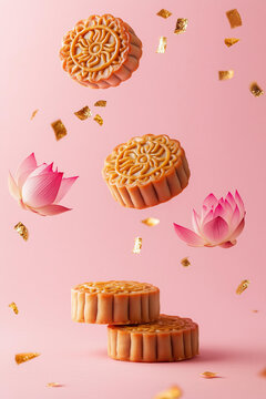 Chinese mooncakes with a lotus flowers and golden confetti floating leviating in the air, motion, on a smooth solid pastel pink background, soft shadows. minimalistic modern trendy food photography 