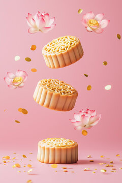 Chinese mooncakes with a lotus flowers and golden confetti floating leviating in the air, motion, on a smooth solid pastel pink background, soft shadows. minimalistic modern trendy food photography 