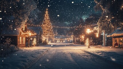 Snowy Night in a Festive Village Decorated with Holiday