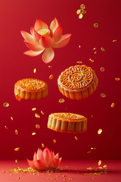 
Chinese mooncakes with a lotus flowers and golden confetti floating leviating in the air, motion, on a smooth solid red background, soft shadows. minimalistic modern trendy food photography 
