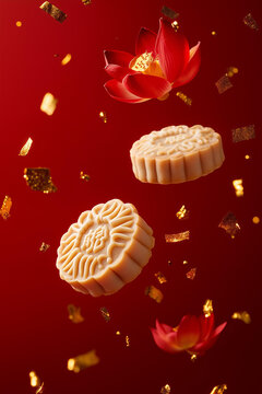 
Chinese mooncakes with a lotus flowers and golden confetti floating leviating in the air, motion, on a smooth solid red background, soft shadows. minimalistic modern trendy food photography 
