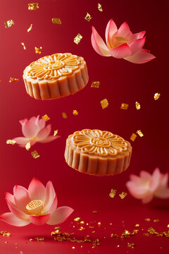 
Chinese mooncakes with a lotus flowers and golden confetti floating leviating in the air, motion, on a smooth solid red background, soft shadows. minimalistic modern trendy food photography 