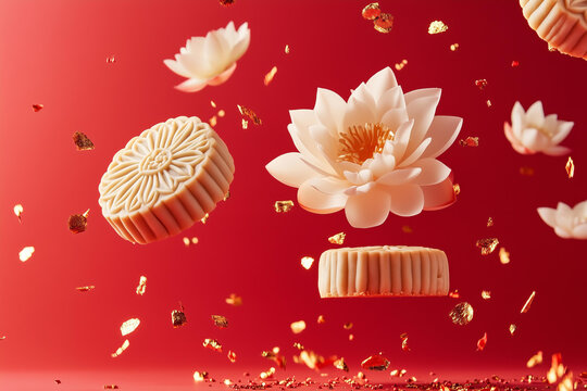 
Chinese mooncakes with a lotus flowers and golden confetti floating leviating in the air, motion, on a smooth solid red background, soft shadows. minimalistic modern trendy food photography 