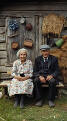 An elderly couple sits peacefully outside a rustic wooden barn, exuding warmth and timeless rural charm.