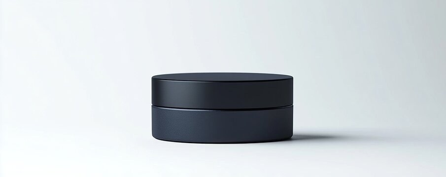A sleek, black circular container placed against a minimalist background, showcasing modern design and elegance.