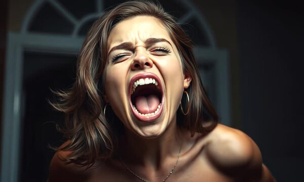 A young woman expresses intense emotion during an emotional moment at home, captured in the evening light