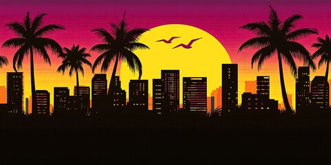 Fototapeta premium This retro art photo captures the essence of a tropical city at sunset, with the silhouette of palm trees and cityscape creating a colorful and vibrant scene