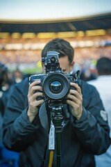 Fototapeta premium Professional Videographer at Sporting Event, Recording Live Action with Blurred Stadium Background.