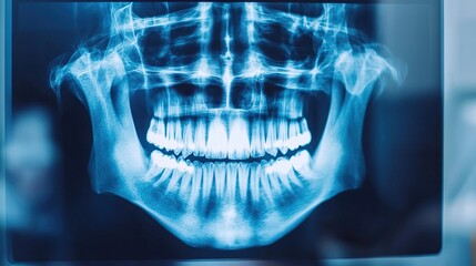 An X-ray image displaying a detailed view of the jaw and teeth structure, highlighting dental health and potential issues.