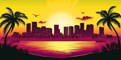 Fototapeta premium This retro art photo captures the essence of a tropical city at sunset, with the silhouette of palm trees and cityscape creating a colorful and vibrant scene