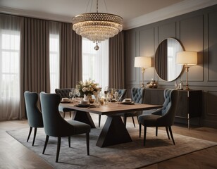 	
a high-quality 3D render of an elegant dining area, emphasizing sophistication and comfort. Incorporate a stylish dining table, comfortable chairs, and a statement chandelier.