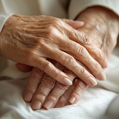 Fototapeta premium A close-up of elderly hands resting gently on each other, showcasing wrinkles and tenderness that symbolize a life well-lived.