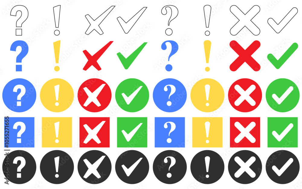 Poster check box tick mark icon set button question mark exclamation mark correct right wrong yes or no che
