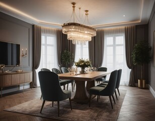 	
a high-quality 3D render of an elegant dining area, emphasizing sophistication and comfort. Incorporate a stylish dining table, comfortable chairs, and a statement chandelier.