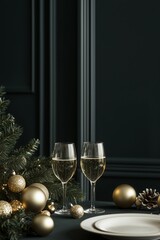 Sophisticated holiday setting featuring two champagne glasses, festive ornaments, and evergreen branches for a luxurious celebration.