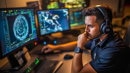 Cybersecurity Analyst Monitoring Global Network Threats on Multiple Screens in a Secure Operations Center