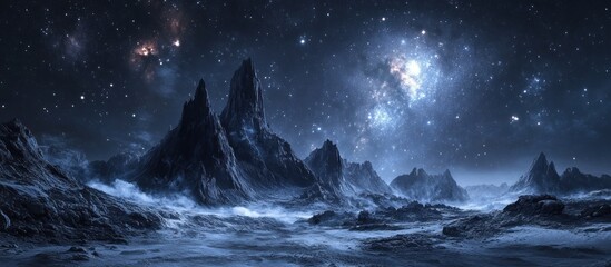 A vast, alien landscape with towering mountains and a starry sky, creating a surreal and otherworldly atmosphere.