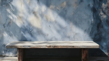Rustic Wooden Table with Blue Wall and Sunlight, shadow, background, mockup, product display, empty