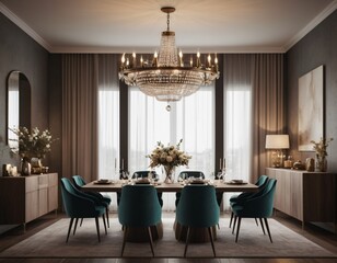 a high-quality 3D render of an elegant dining area, emphasizing sophistication and comfort. Incorporate a stylish dining table, comfortable chairs, and a statement chandelier.
