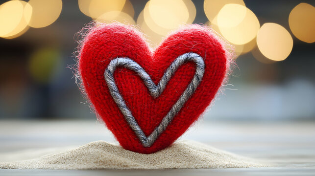 Red Knit Heart with Grey Embroidered Design on Sand, love, knitted, yarn, wool, embroidery