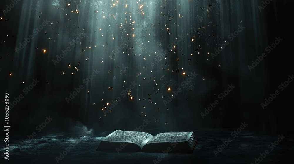 Aufkleber a dark scene with an ancient book's pages illuminated by magical, abstract lights, floating upward i