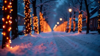 Snowy neighborhood street adorned with colorful Christmas lights on trees and houses, creating a warm, festive atmosphere in the winter evening.