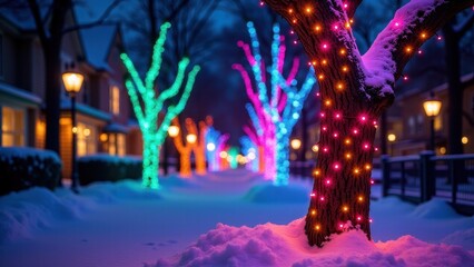 Snowy neighborhood street adorned with colorful Christmas lights on trees and houses, creating a warm, festive atmosphere in the winter evening.