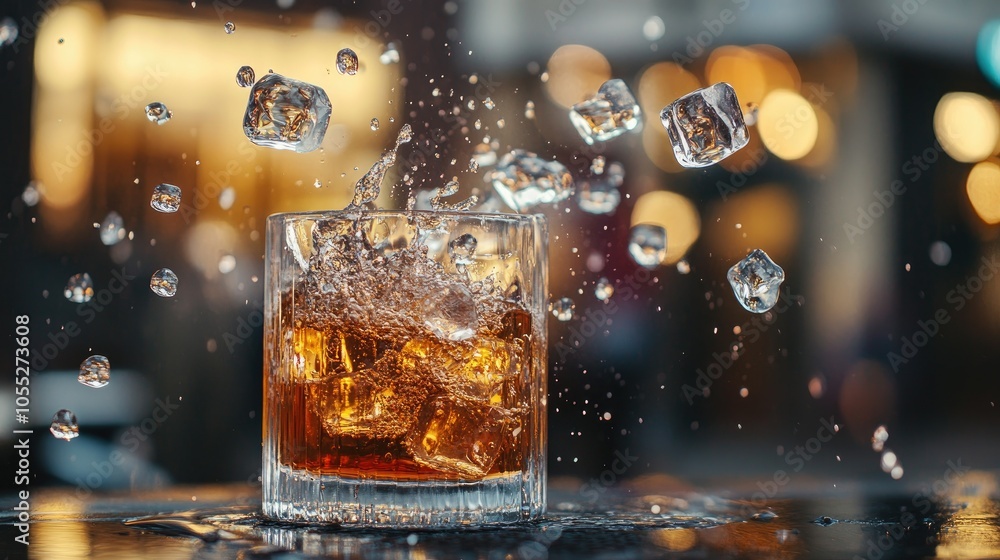 Poster a dynamic photo of ice cubes splashing into a clear beverage on a table. the action creates exciteme