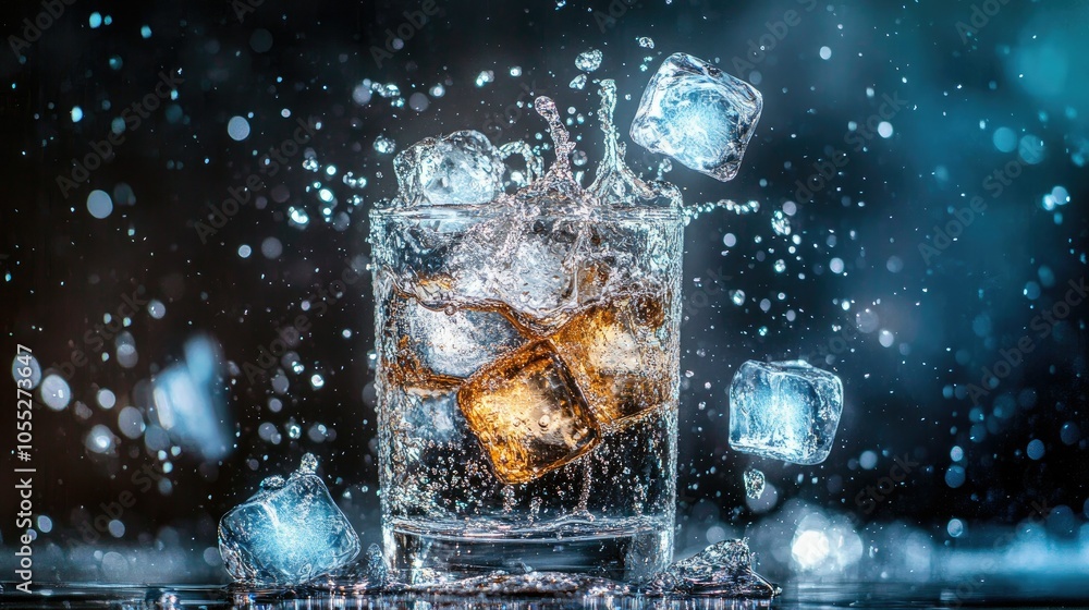 Poster a dynamic photo of ice cubes splashing into a clear beverage on a table. the action creates exciteme