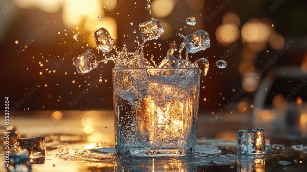 Poster a dynamic photo of ice cubes splashing into a clear beverage on a table. the action creates exciteme