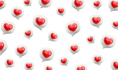 Vector cartoon 3d love speech bubbles background. Realistic render of chat message with heart icon on white background. Like button wallpaper, Valentines Day social media banner.