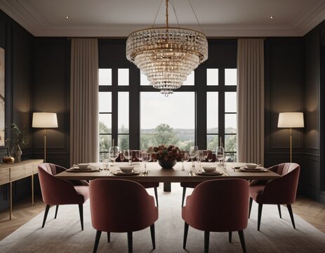 a high-quality 3D render of an elegant dining area, emphasizing sophistication and comfort. Incorporate a stylish dining table, comfortable chairs, and a statement chandelier.