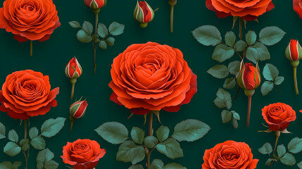Seamless Pattern of Orange Roses and Buds on Teal Background, red roses, rose buds, rose pattern, floral pattern, botanical illustration