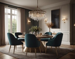 a high-quality 3D render of an elegant dining area, emphasizing sophistication and comfort. Incorporate a stylish dining table, comfortable chairs, and a statement chandelier.