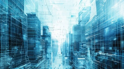 Obraz premium Futuristic cityscape with digital blueprints overlay